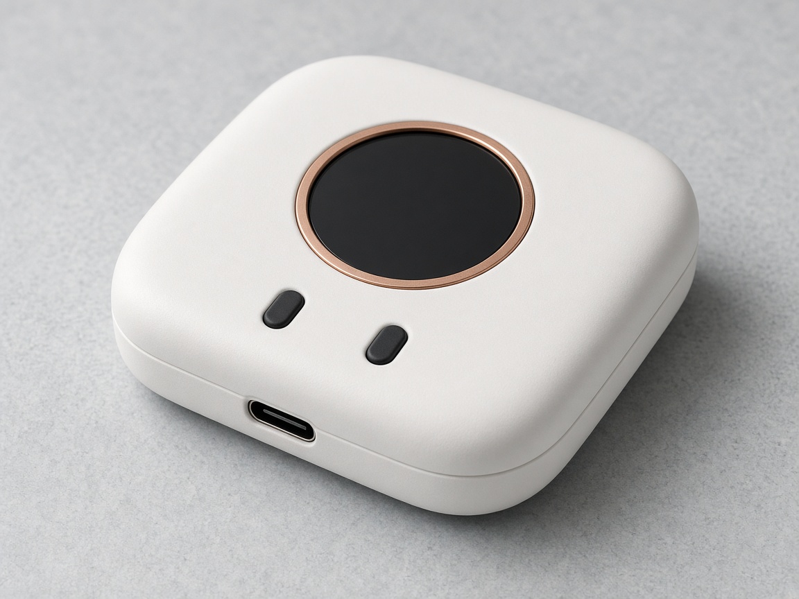 Three-quarter view of the Novubase hardware wallet on pale stone.