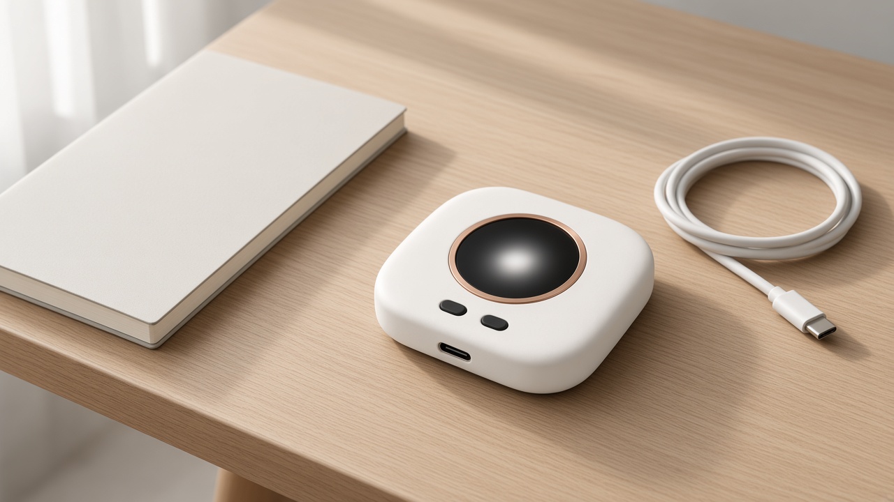 Novubase on a pale oak desk beside a closed notebook and a USB-C cable.