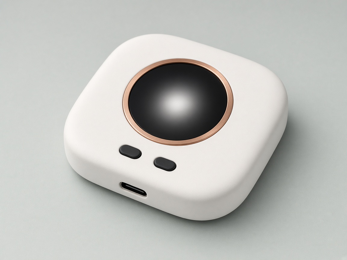 Novubase, a chalk-white ceramic hardware wallet with a copper ring, a round dark screen, two buttons, and a USB-C port.