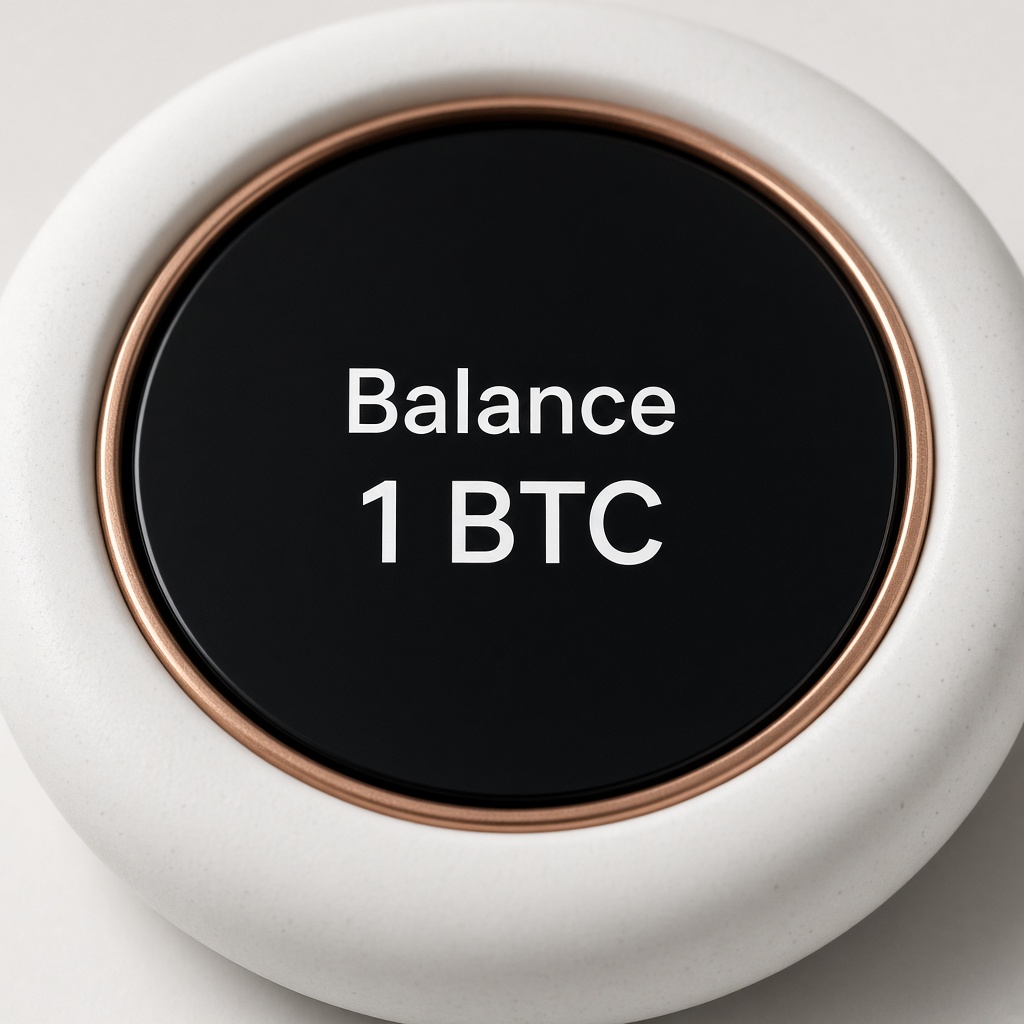 Close view of the Novubase round screen. The home view reads Balance and 1 BTC.